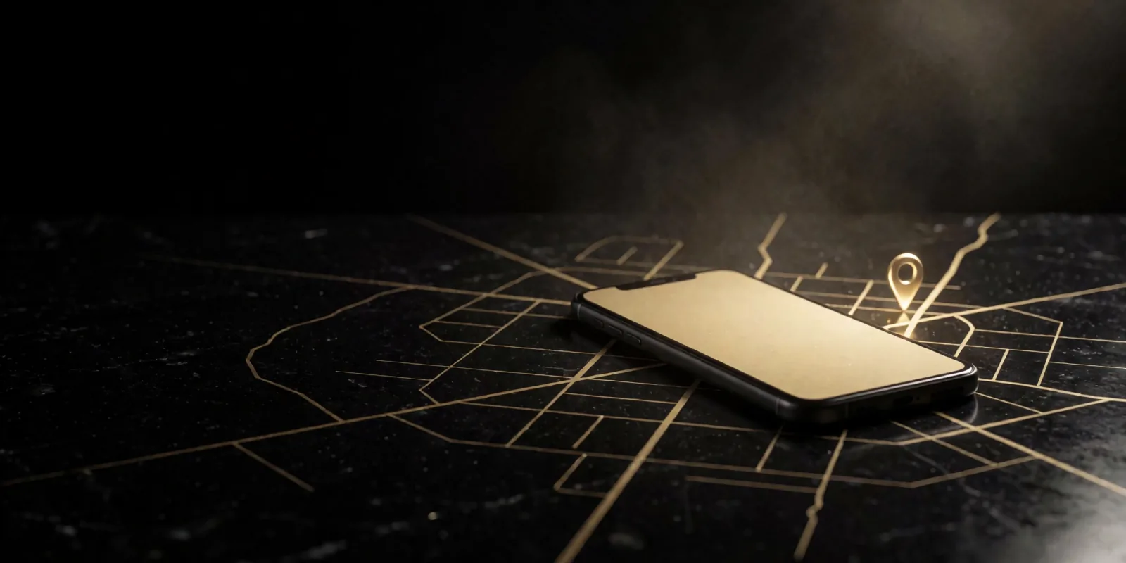 Un celular negro que brilla en dorado sobre una superficie de piedra oscura con un mapa dorado de la ciudad y un marcador de ubicación